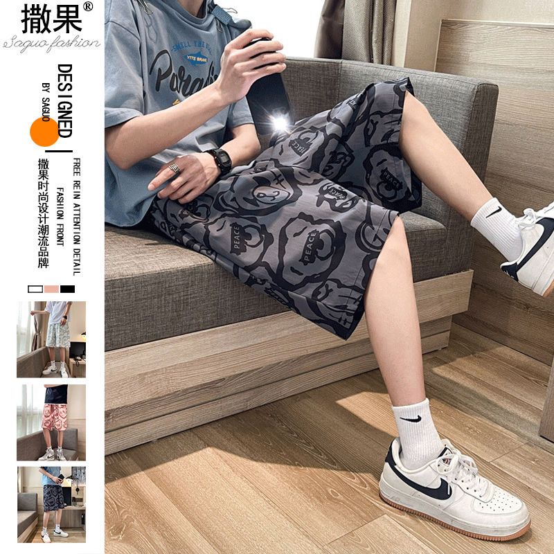 Japanese summer new full printed bear shorts men and women wear trendy loose casual pants couple Harajuku five-point pants