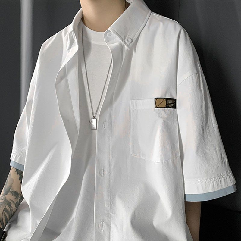 Fake two-piece shirt short-sleeved men's summer thin section Hong Kong style trendy loose casual shirt handsome Japanese student jacket