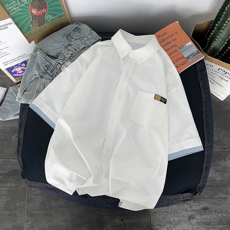 Fake two-piece shirt short-sleeved men's summer thin section Hong Kong style trendy loose casual shirt handsome Japanese student jacket