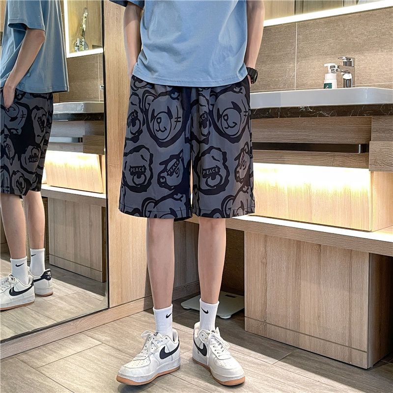 Japanese summer new full printed bear shorts men and women wear trendy loose casual pants couple Harajuku five-point pants