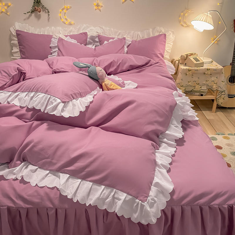 Internet celebrity Korean princess wind bed skirt four-piece girl heart lace bed quilt cover ruffled three-piece bedding