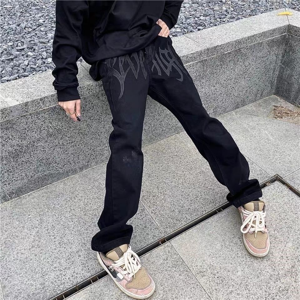 高街刺繡字母直筒寬鬆黑色牛仔褲男美式嘻哈hiphop復古百搭長褲潮
