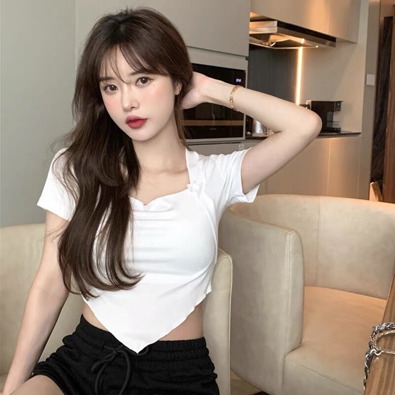 Irregular Small Fragrance Style Sexy Tight Top Women's Summer Square Neck Pure Desire Style Short Cut Open Button Short Sleeve T-shirt Small Shirt
