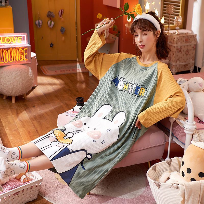 Nightdress women's summer long-sleeved pure cotton spring and autumn loose large size mid-length knee-length student cute Korean version home service