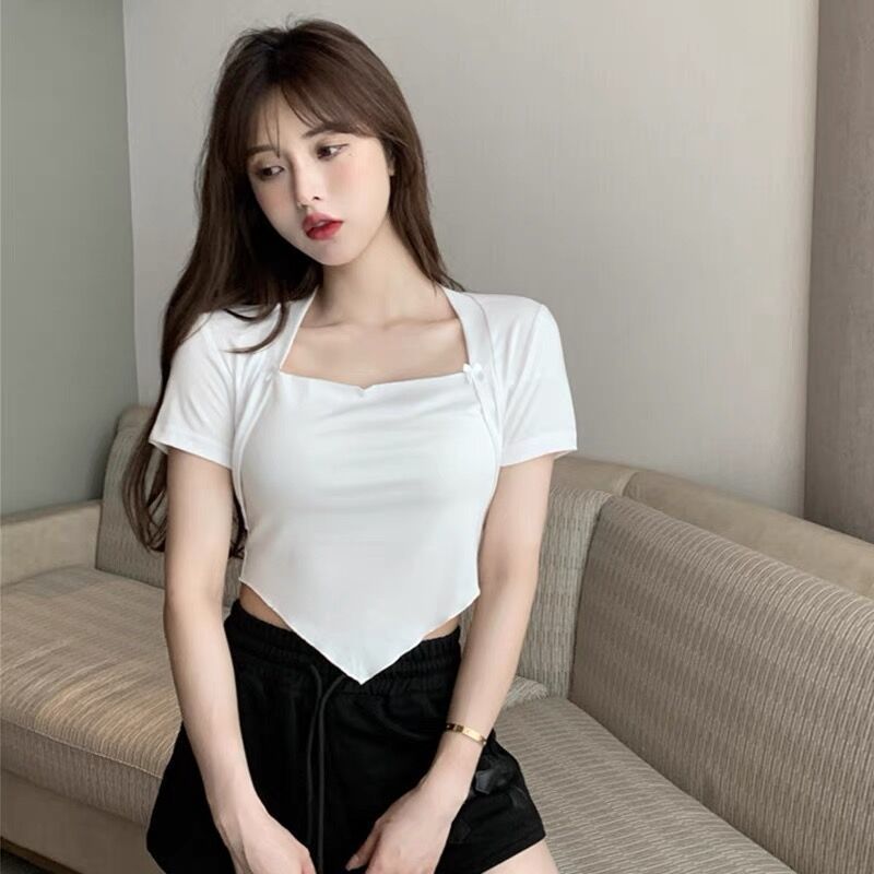 Irregular Small Fragrance Style Sexy Tight Top Women's Summer Square Neck Pure Desire Style Short Cut Open Button Short Sleeve T-shirt Small Shirt