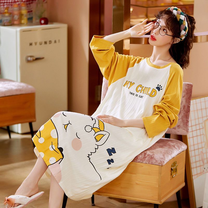 Nightdress women's summer long-sleeved pure cotton spring and autumn loose large size mid-length knee-length student cute Korean version home service