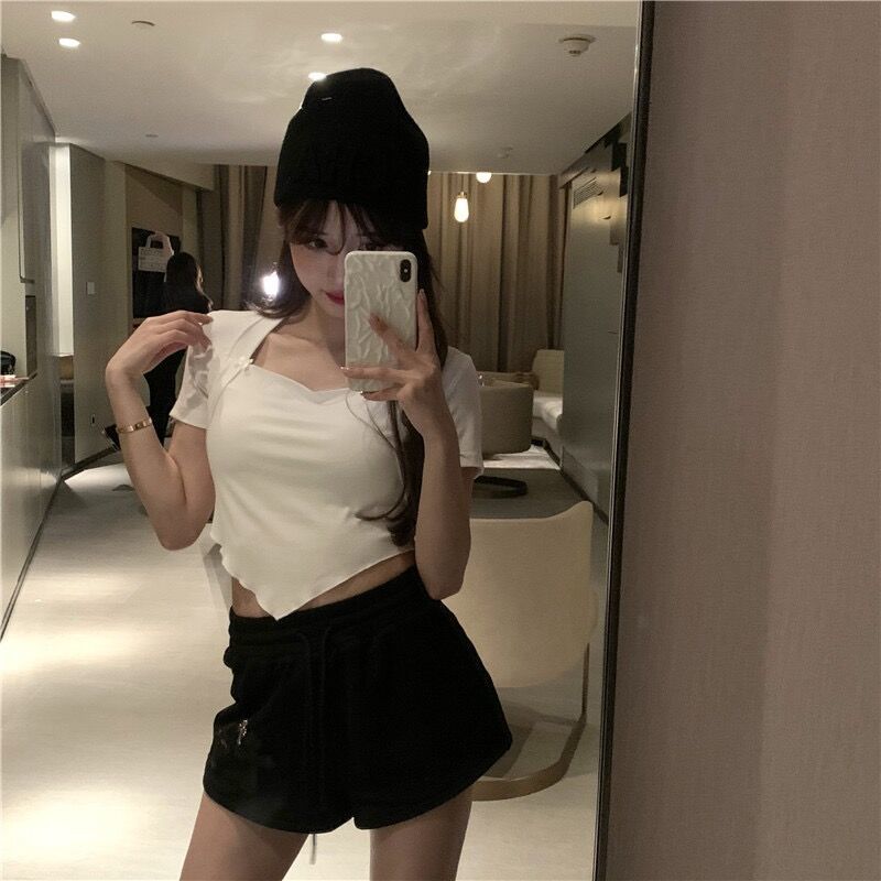 Irregular Small Fragrance Style Sexy Tight Top Women's Summer Square Neck Pure Desire Style Short Cut Open Button Short Sleeve T-shirt Small Shirt
