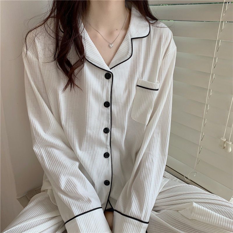 Pajamas women's autumn and winter Korean version of the simple ins student casual pit strip loose cotton long-sleeved spring and autumn home service