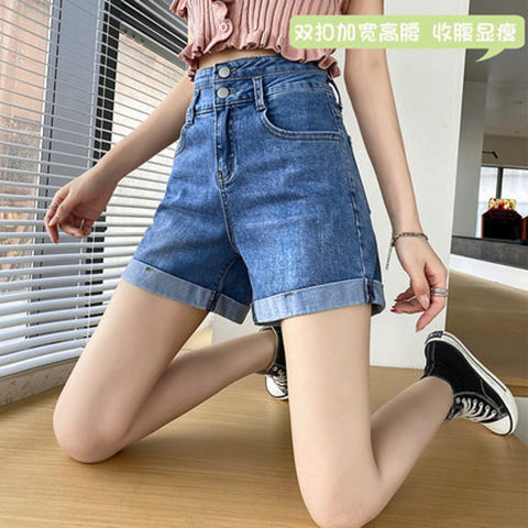 54306-牛仔短裤女宽松阔腿显瘦高腰大码卷边五分短裤 2021新款a字热裤女-详情图