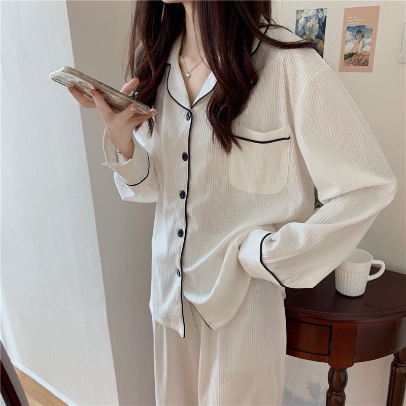 Pajamas women's autumn and winter Korean version of the simple ins student casual pit strip loose cotton long-sleeved spring and autumn home service
