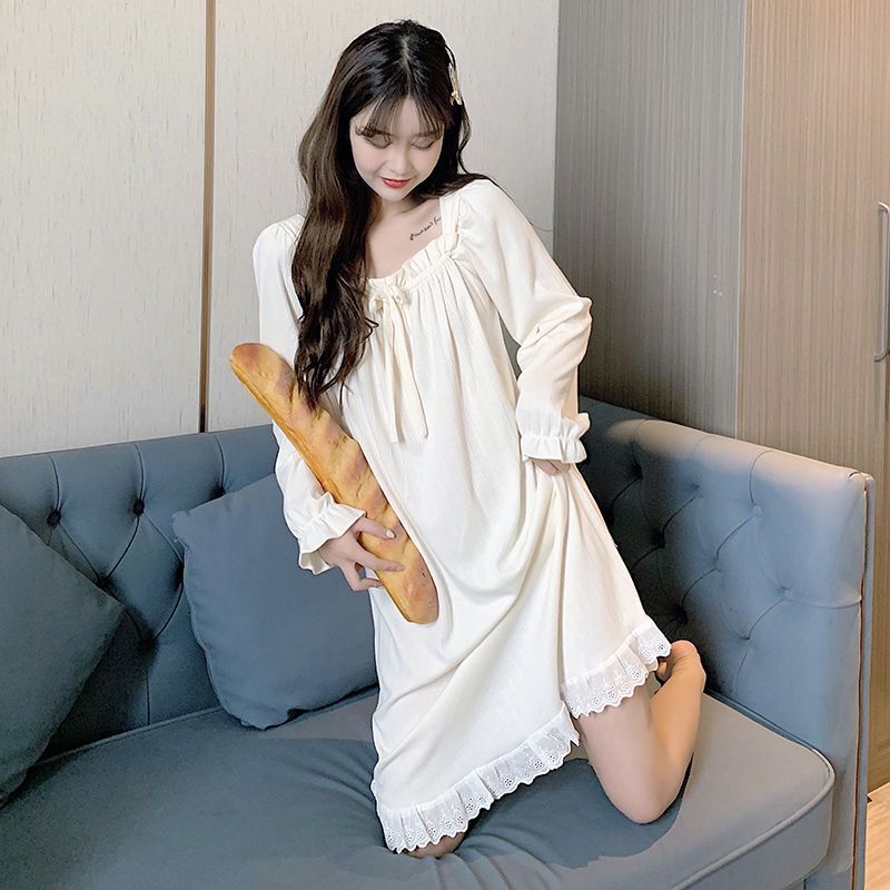 Women's pajamas autumn and winter long-sleeved nightdress pure cotton spring and summer suit cute solid color plus velvet thick new home service