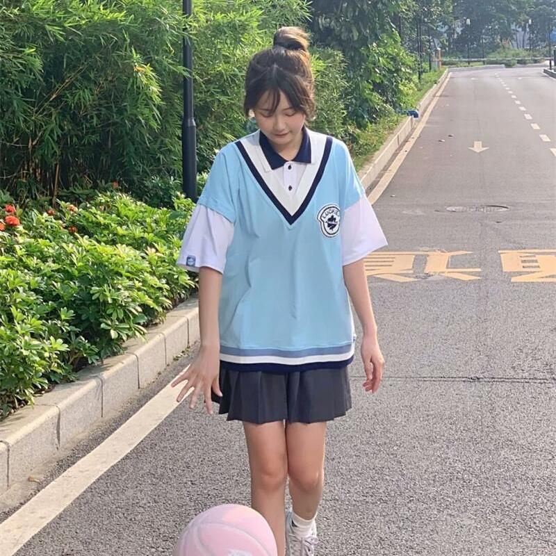 正肩t恤女顯高酷女孩設計感螺紋假兩件上衣時髦高腰半身裙兩件套