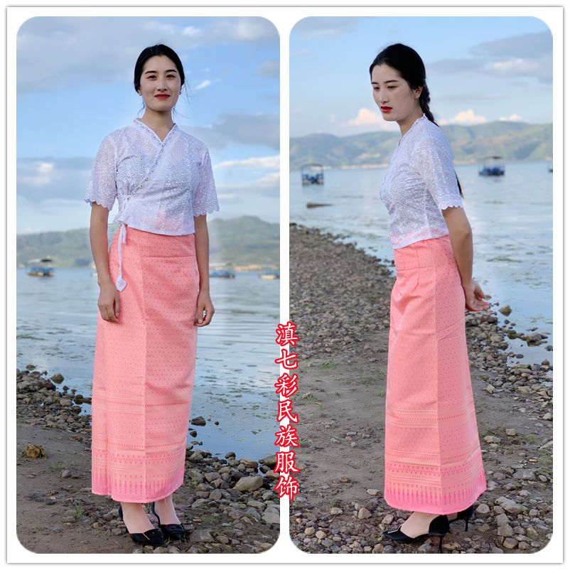 扣花单白衣泰国傣筒裙锦缎裙傣族女半身长裙裹裙民族服饰送头花 虎窝拼
