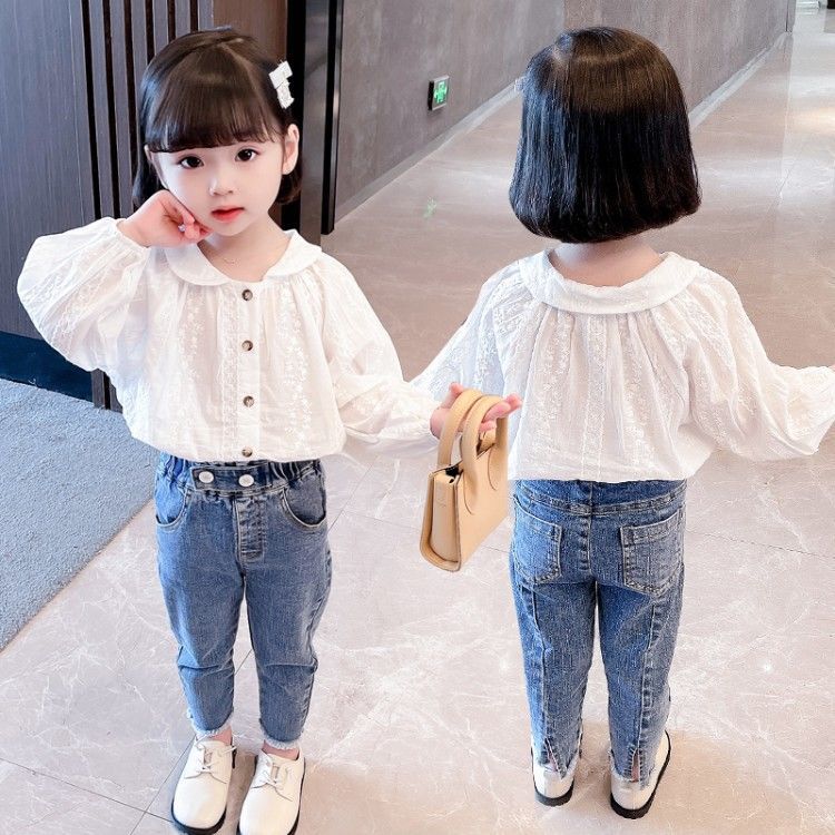 女童春秋裝網紅套裝2023新款女孩白色襯衫上衣兒童寶寶春夏長褲潮