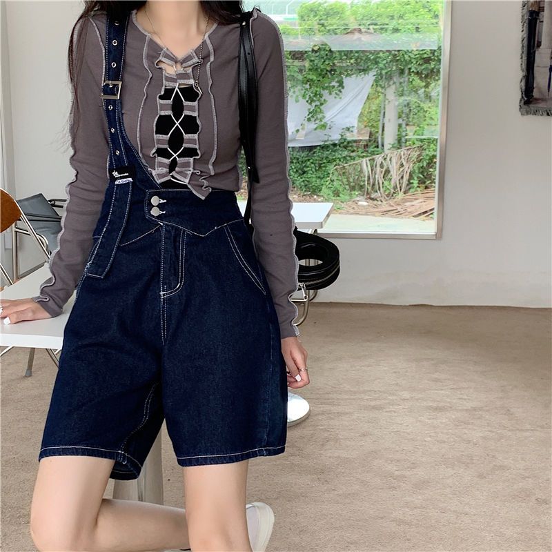 Large one shoulder denim suspender shorts women's summer thin Korean loose fat mm aging Spice Girls suspender Jumpsuit