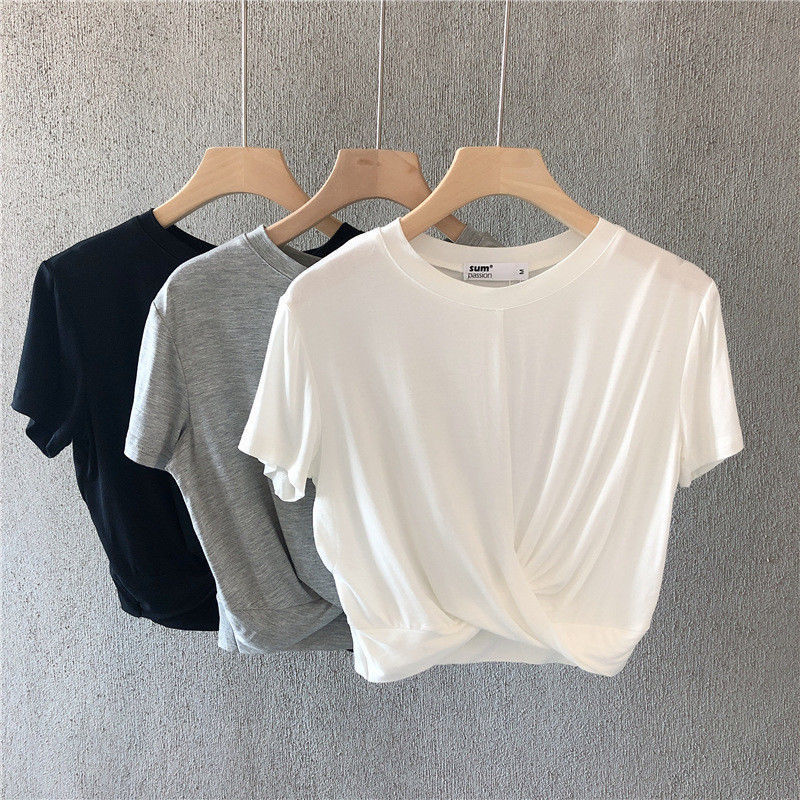 European and American knotted short loose sports casual t-shirt women's fitness short-sleeved slim navel running yoga top clothes