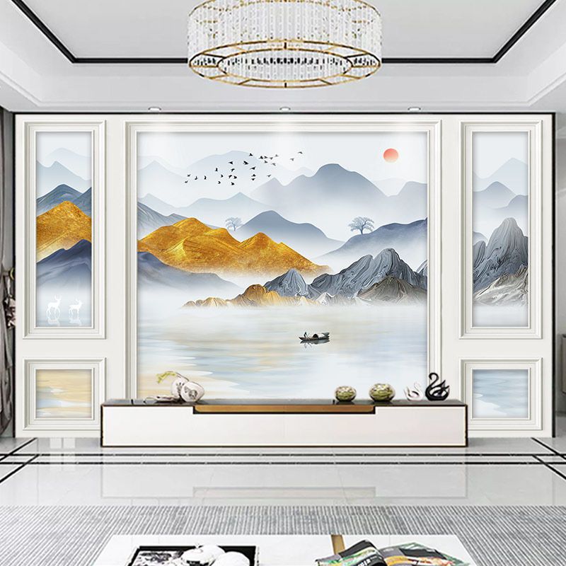 水墨山水定制电视背景墙布壁画客厅沙发装饰无缝壁纸立体影视墙纸 虎窝拼