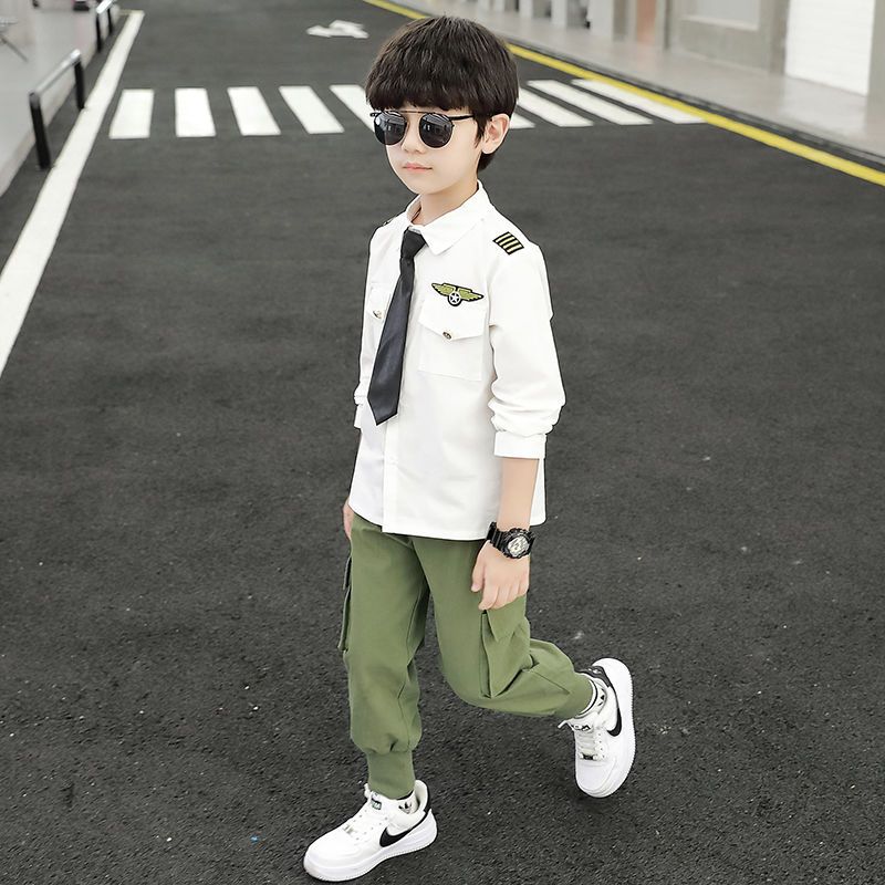 Boys' autumn clothes  new foreign style suit male baby 6 captain's suit 7 long-sleeved shirt two-piece performance suit