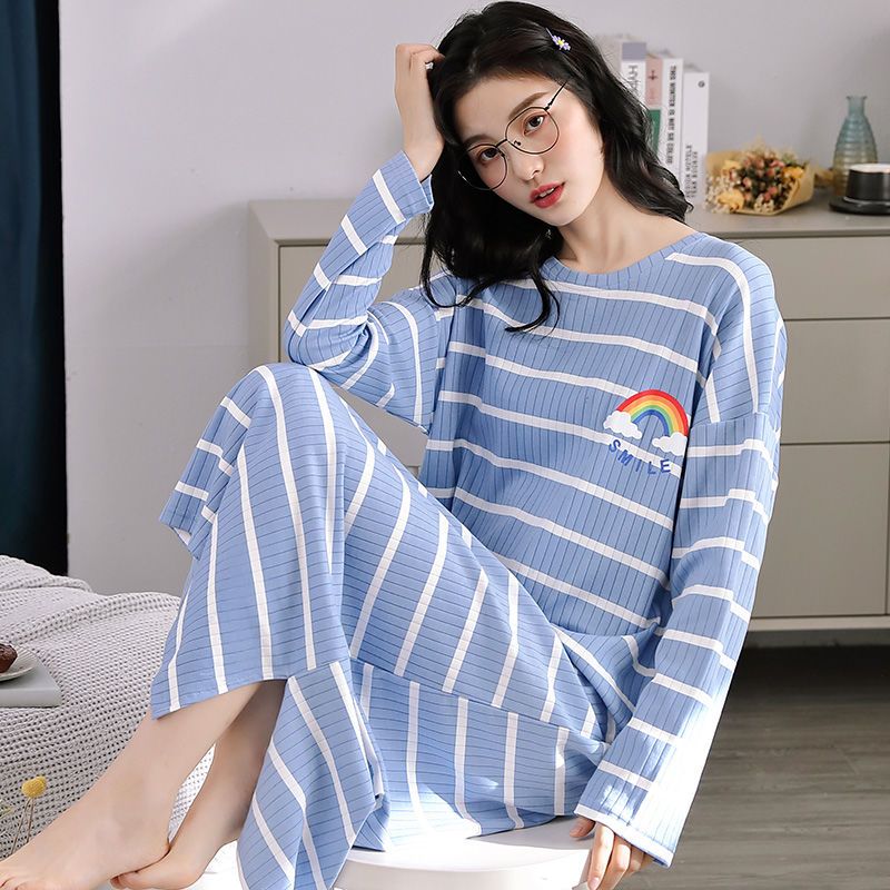 Pure cotton long-sleeved nightdress female spring and autumn 2023 new over-the-knee skirt loose large size long section thin section home service