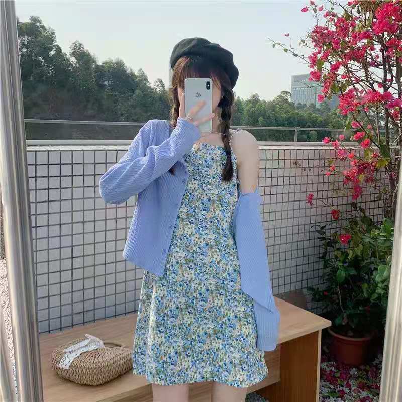 網紅炸街碎花吊帶連衣裙套裝女夏季新款寬鬆百搭長袖開衫防曬上衣