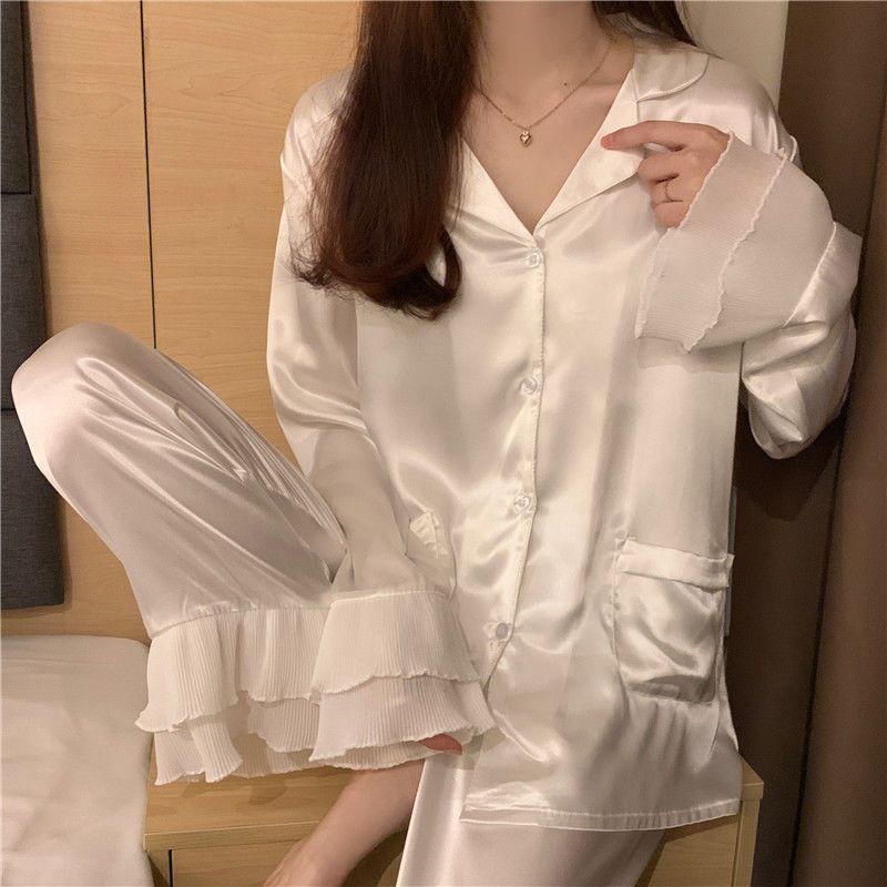 Korean ins autumn V-neck double-breasted trim satin organ trumpet sleeve white home clothes set pajamas home clothes