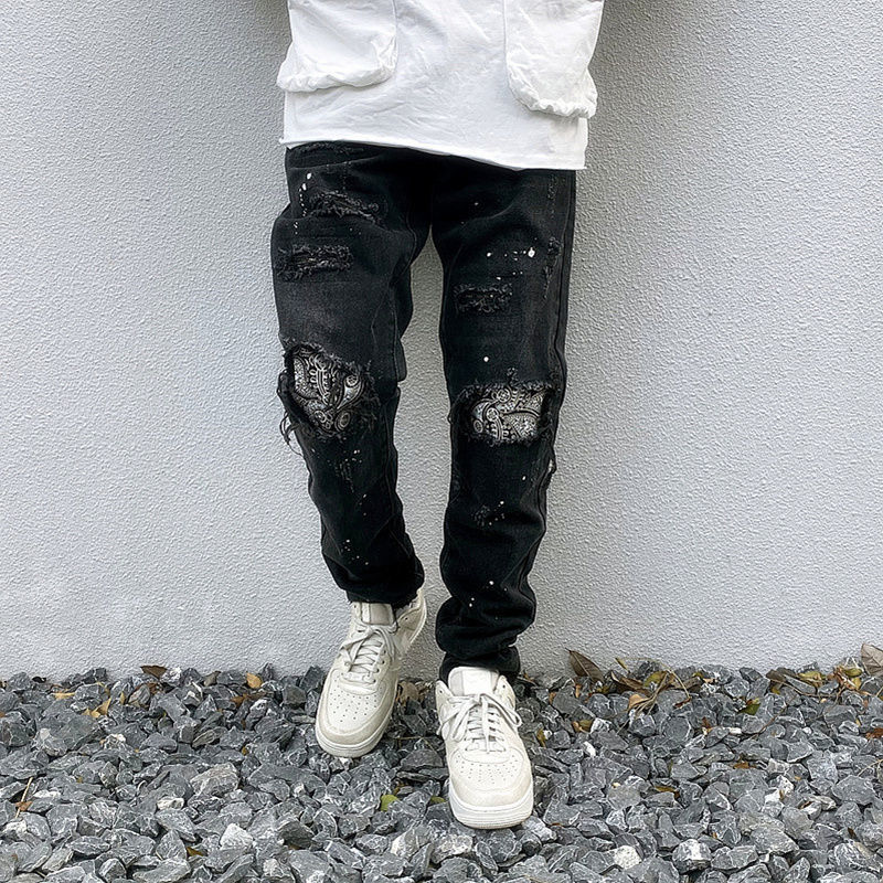 高街膝蓋腰果花補丁破洞牛仔褲男美式水洗做舊潑墨黑色百搭乞丐褲