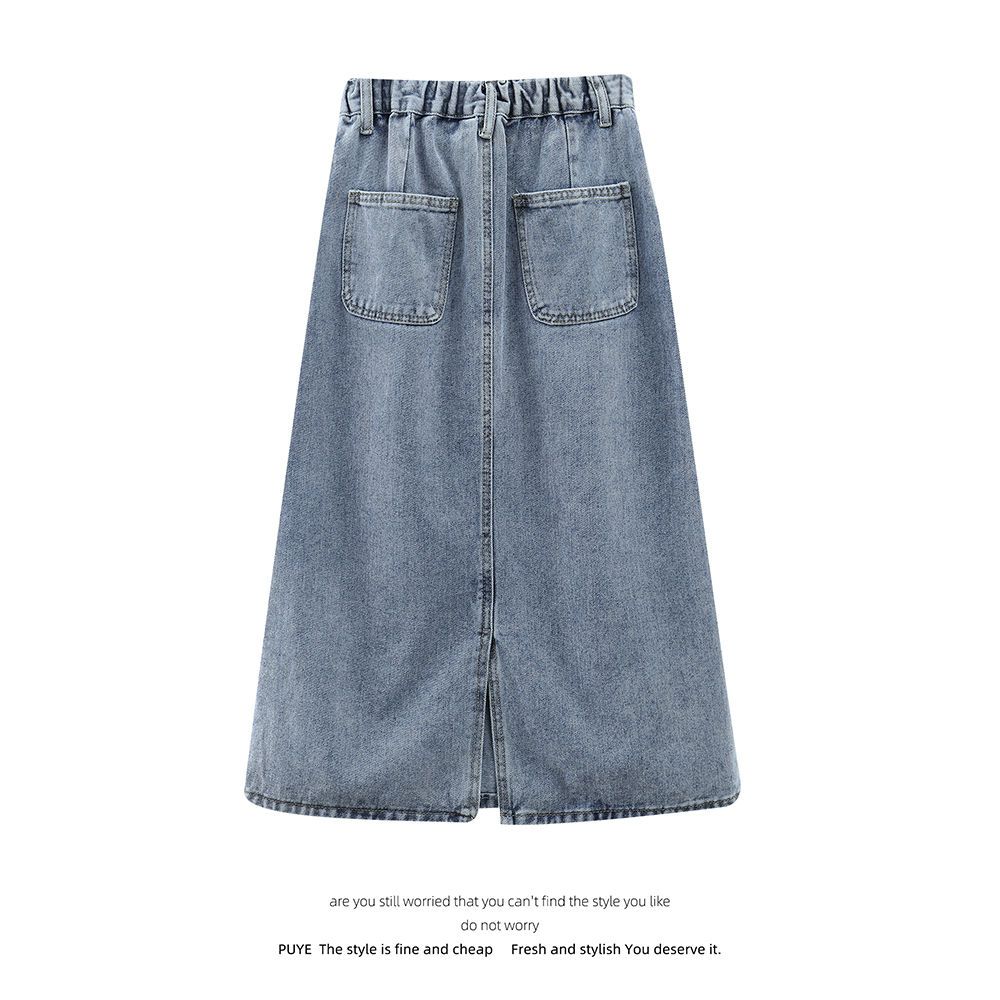 Large size half-length denim skirt elastic high waist mid-length slim loose casual rear slit all-match A-line straight skirt
