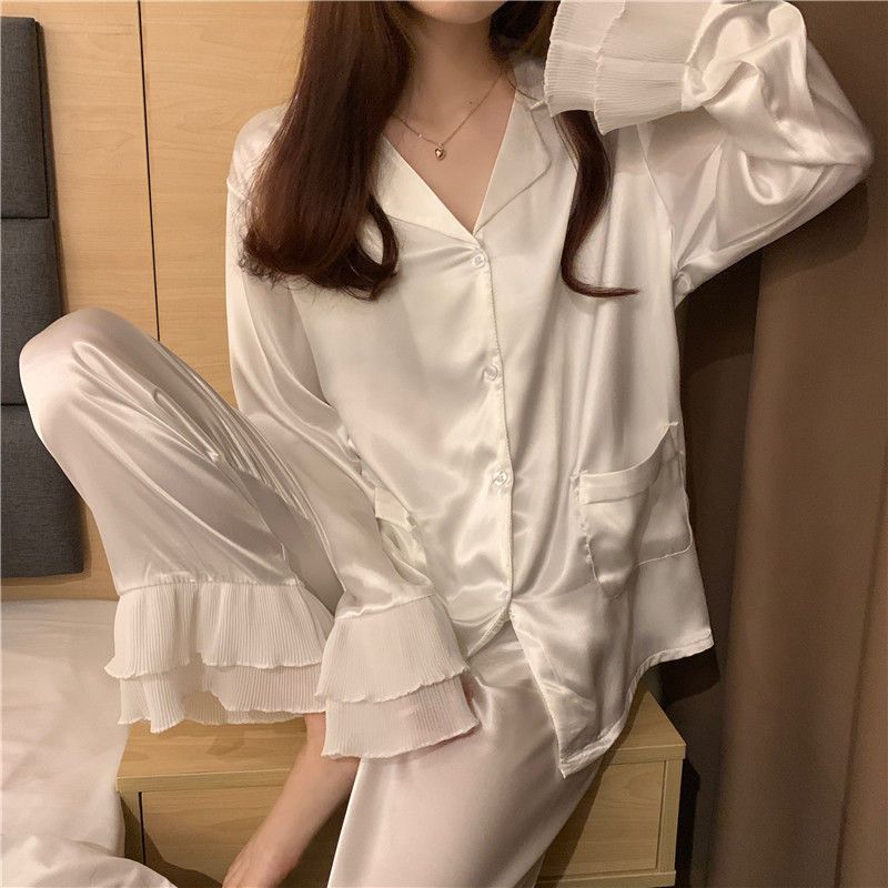 Ins spring and autumn lapel double-breasted white satin double-layer organ trumpet sleeve home service very fairy suit