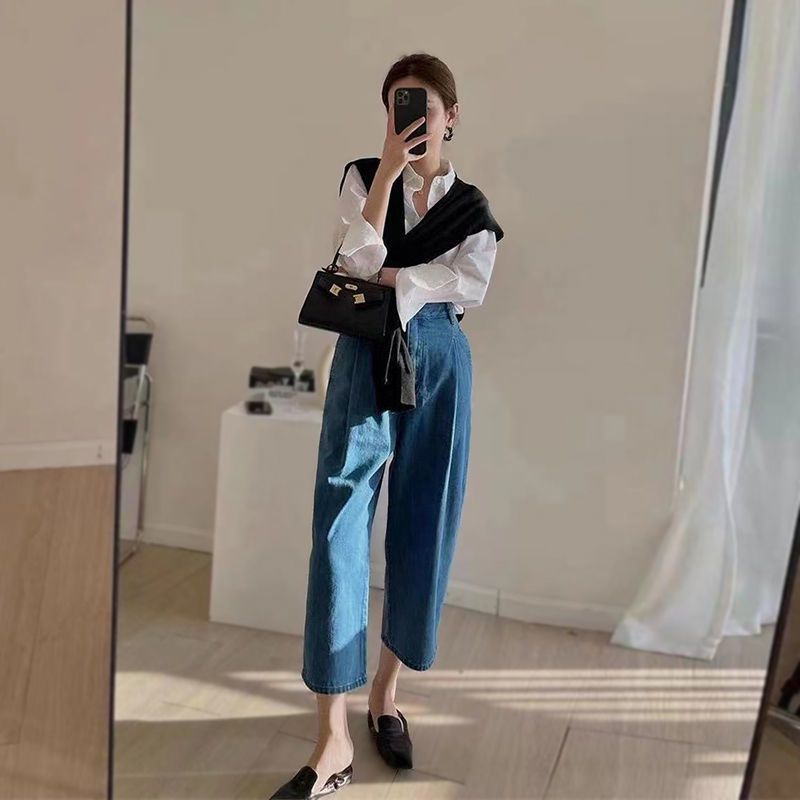 設計感香蕉牛仔褲女夏季薄款大碼韓版高腰直筒寬鬆顯瘦闊腿奶奶褲