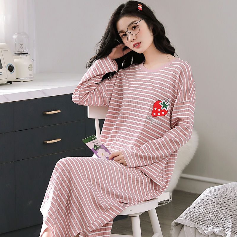 Pure cotton long-sleeved nightdress female spring and autumn 2023 new over-the-knee skirt loose large size long section thin section home service