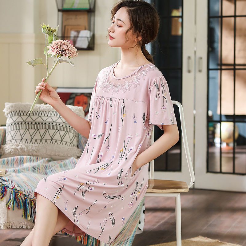 Nightdress female summer thin section short-sleeved modal cotton silk long section over the knee home service large size pregnant women loose and can be worn outside