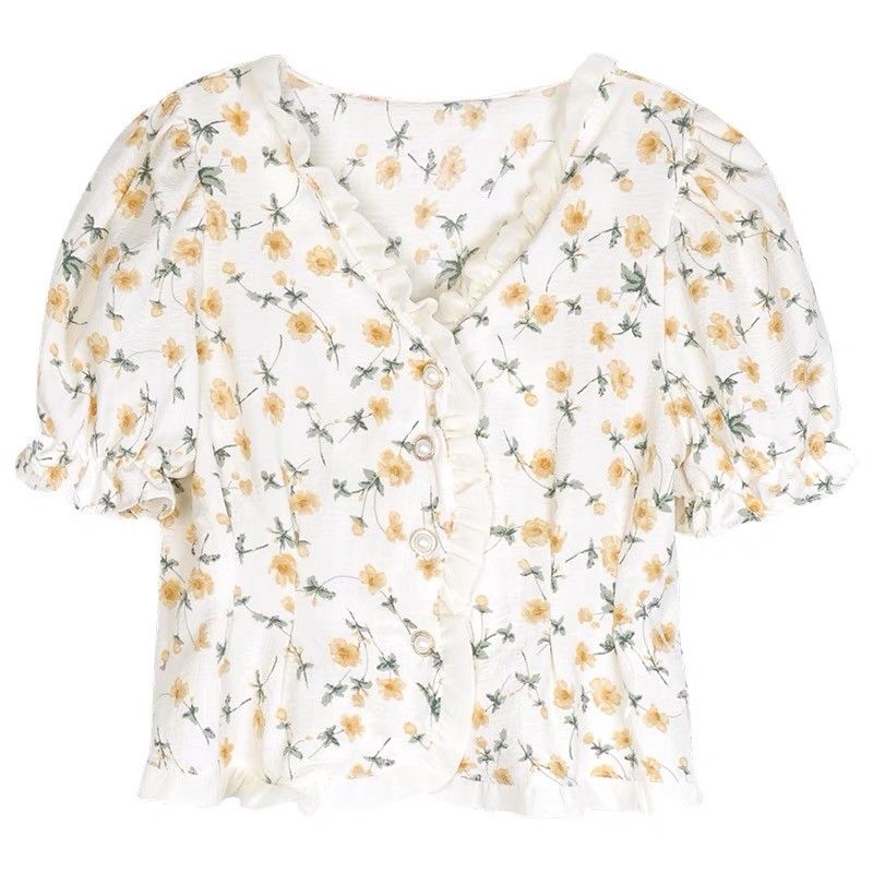 Design sense niche floral short top chic shirt summer loose V-neck short-sleeved thin section sweet shirt female