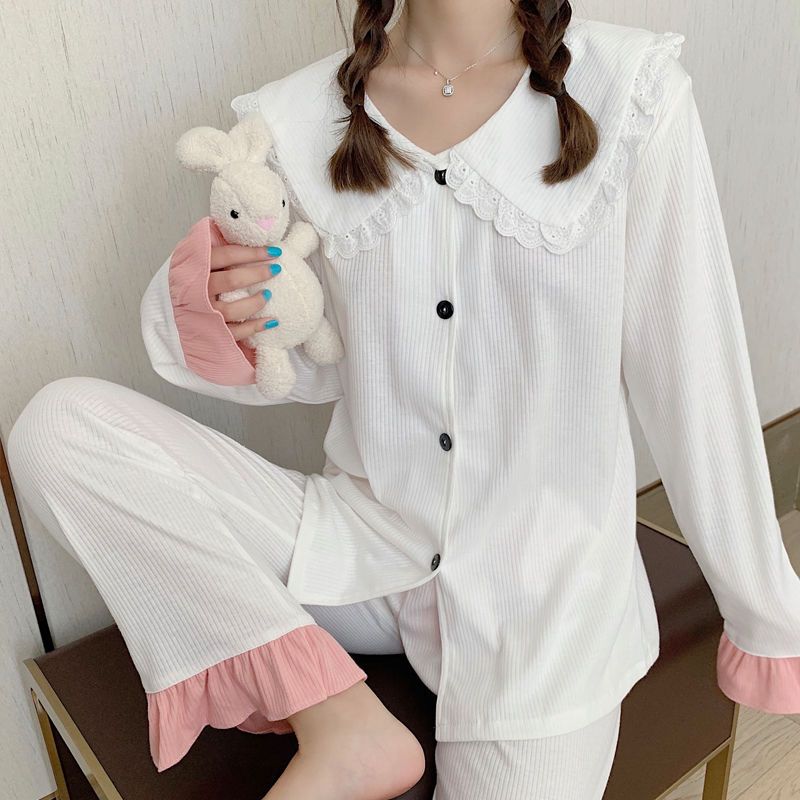 Long-sleeved pajamas women's spring and autumn pure cotton  new autumn students cute princess style cardigan home service suit