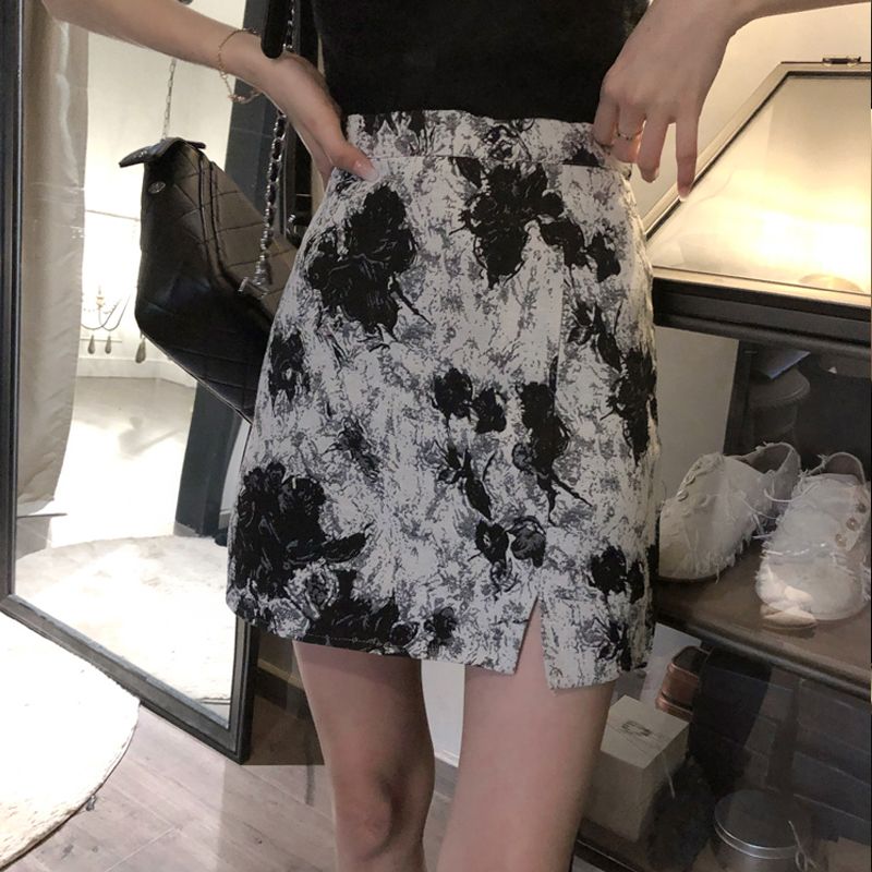 裙子女春2023新款氣質a字半身裙高腰包臀裙扎染印花學生開叉短裙