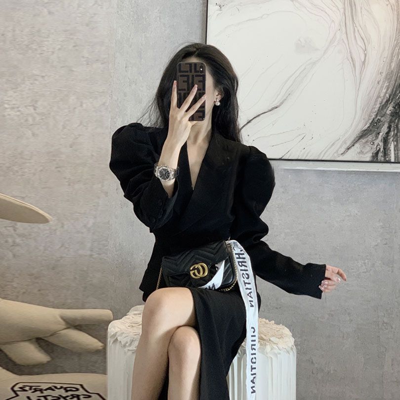 Black suit dress women's mid-length 2023 new Korean version waist slimming slim temperament Hepburn skirt