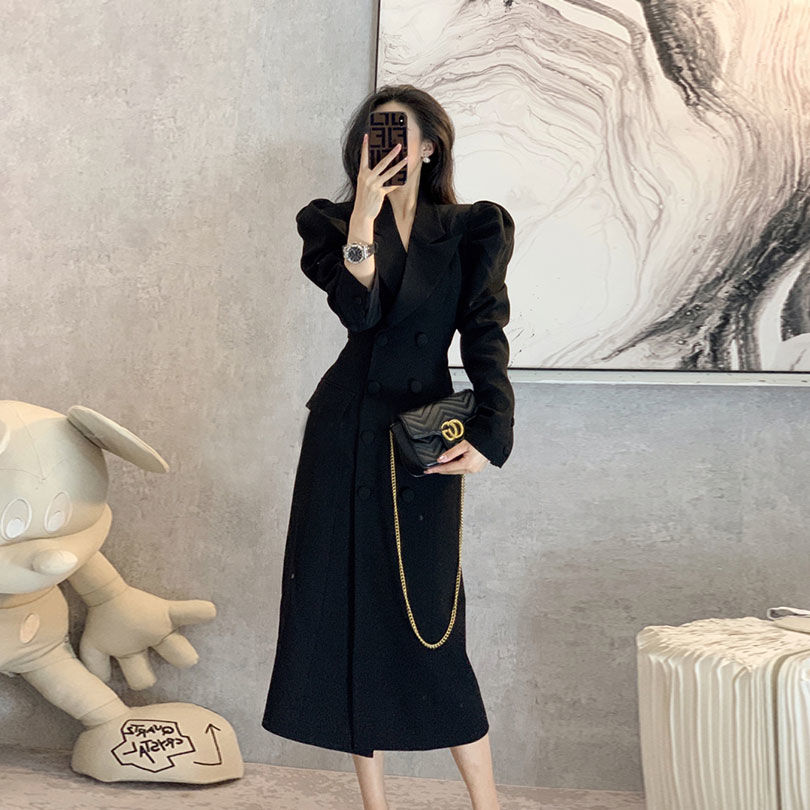 Black suit dress women's mid-length 2023 new Korean version waist slimming slim temperament Hepburn skirt
