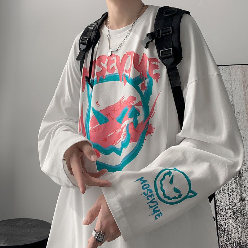 秋季新款圓領打底衫潮牌小惡魔印花純棉長袖t恤男生寬鬆帥氣百搭