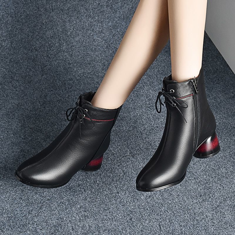 PLOVER woodpecker leather Martin boots women's winter new thick heel plus velvet short boots British style mid-heel mid-tube cotton shoes