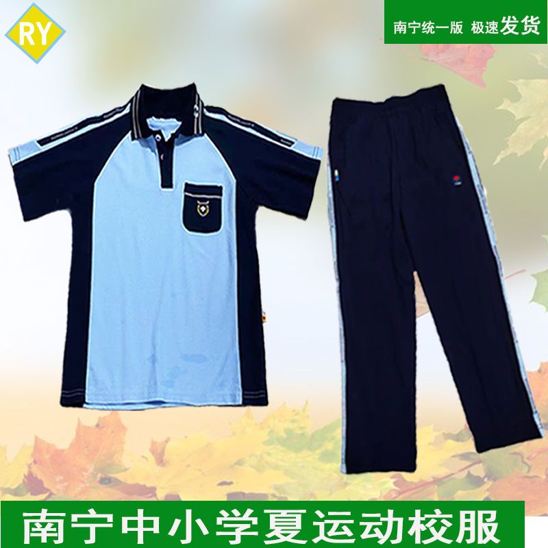 南宁中小学夏季运动校服 高棉t恤蓝色短袖套装 正版学生运动校服