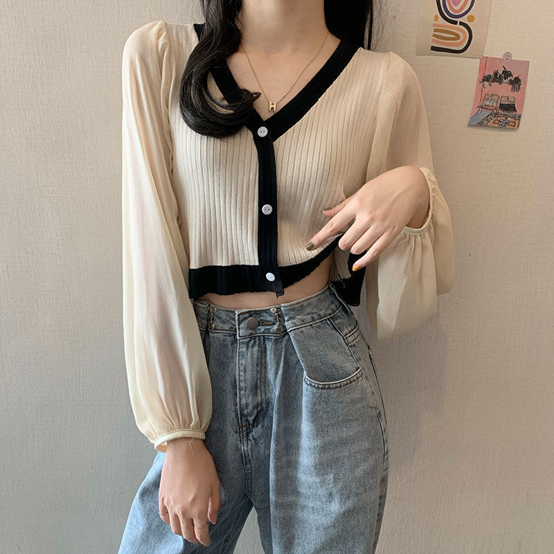 Korean version of mesh lantern sleeve knitted sweater women's autumn style  new short casual slim long-sleeved top