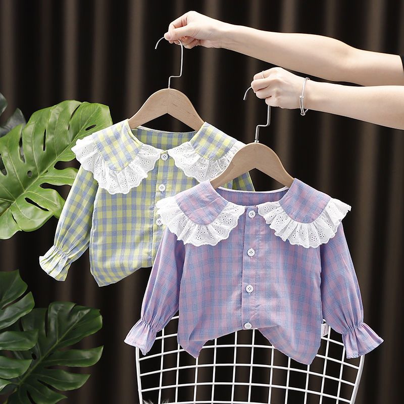女寶寶秋季長袖襯衫1-4歲小女孩娃娃衫4兒童洋氣衣服格子上衣