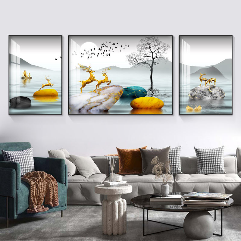 客厅装饰画简约现代沙发背景墙壁画北欧挂画晶瓷三联