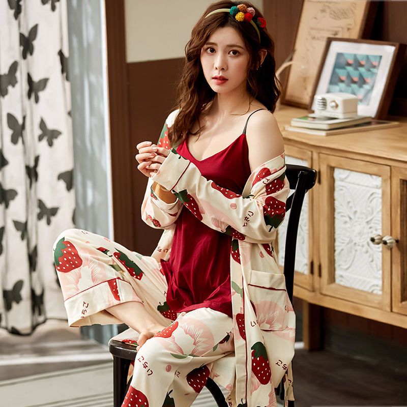 Big red newlywed zodiac year large size pajamas women's spring and autumn cotton long sleeves can be worn outside small sexy pajamas three-piece set