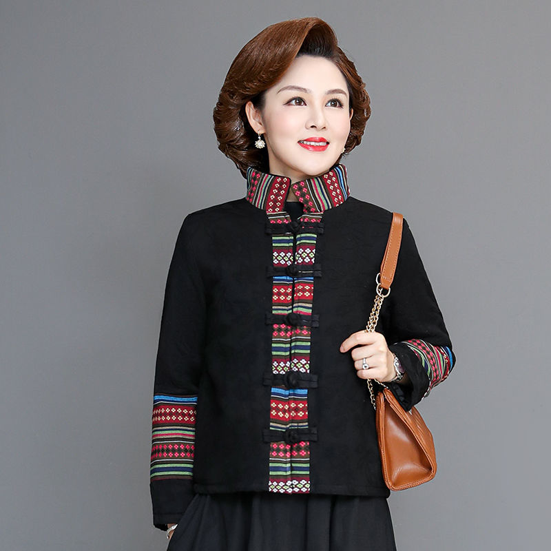 復古棉麻媽媽裝短款棉衣2021秋冬新款女士加厚提花中式民族風棉服