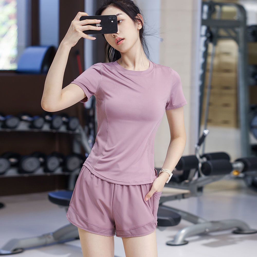 新款運動套裝女夏裸感瑜伽服透氣速干短袖防走光短褲跑步健身套裝