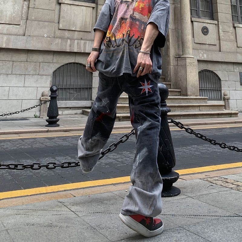 國潮高街復古水洗潑墨刺繡牛仔褲男女潮牌寬鬆直筒嘻哈hiphop褲子