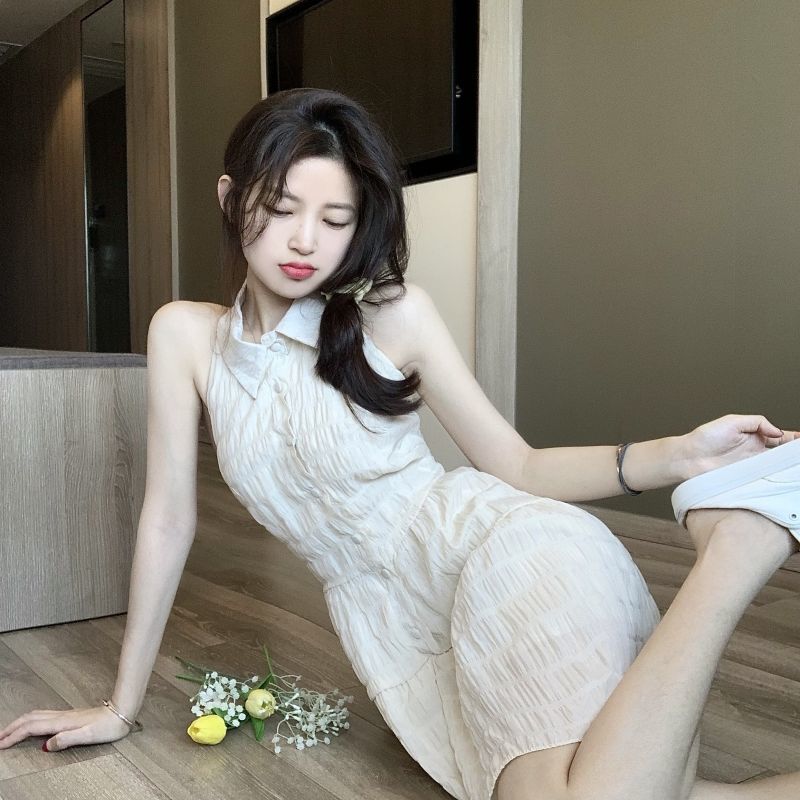 75844-港风法式初恋挂脖连衣裙女夏季2021新款网纱露背甜美收腰辣妹裙子-详情图