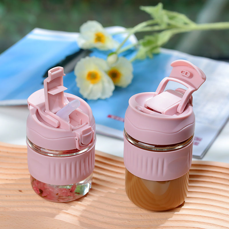 Haodi double drinking cup glass water cup male and female students with straw cute Korean Coffee Cup Fashion milk portable cup