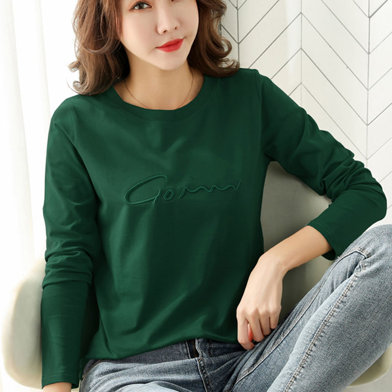 Pure cotton long-sleeved t-shirt women's autumn clothes new loose and versatile round neck autumn and winter bottoming shirt western style inside and outside wear tops