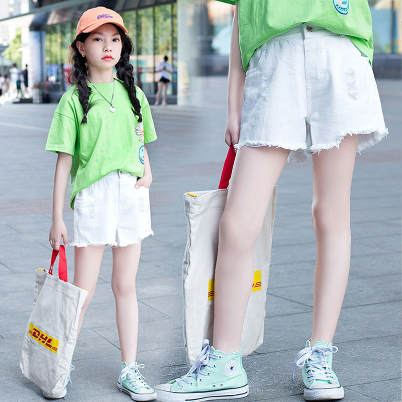 Girls' shorts summer thin section loose pants children's white ripped jeans outerwear medium and big boys and girls summer clothes